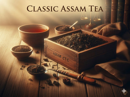 Classic Assam Tea setup with a wooden box labeled 'Assam CTC', a teacup, and tea leaves on a wooden surface.