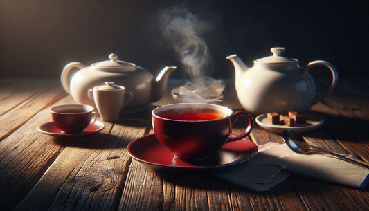 English Breakfast Tea steaming from the cups on a table with teapots, cups and saucers
