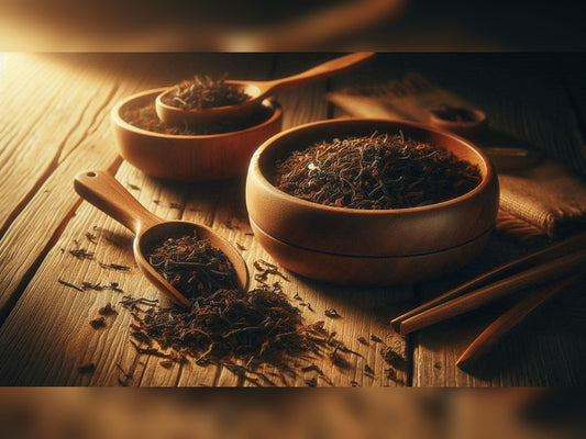 English breakfast tea leaves in wooden bowls on a wooden surface with wooden spoons