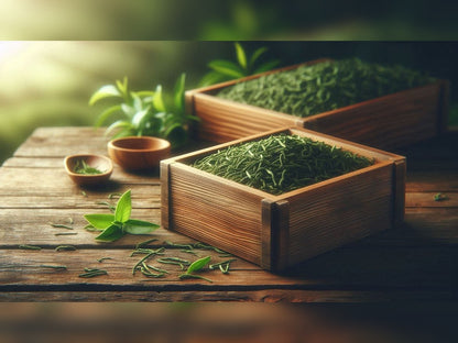 Wooden containers filled with green tea on a wooden table with a blurred natural background