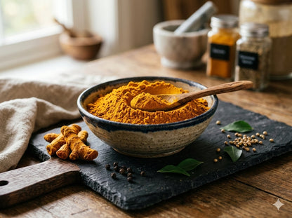 Lakadong Turmeric powder in a bowl on a wooden table with spices and leaves.