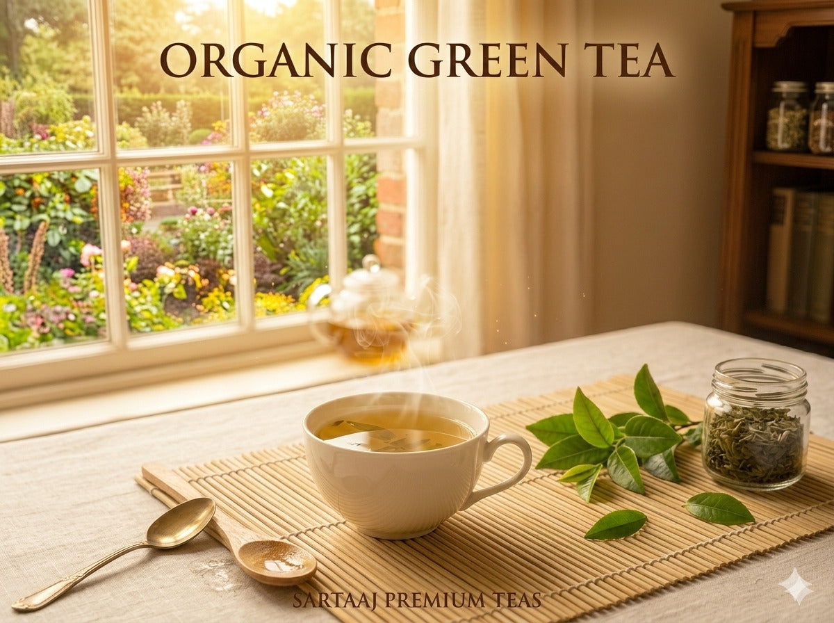 Tea cup with organic green tea on a table by a window with garden view, featuring Sartaaj Premium Teas branding.