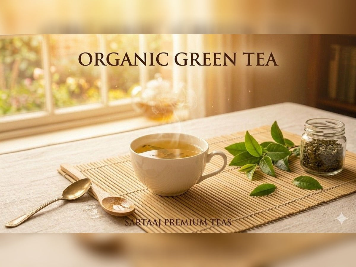 Organic green tea setup with a cup, leaves, and jar on a table with a blurred background.