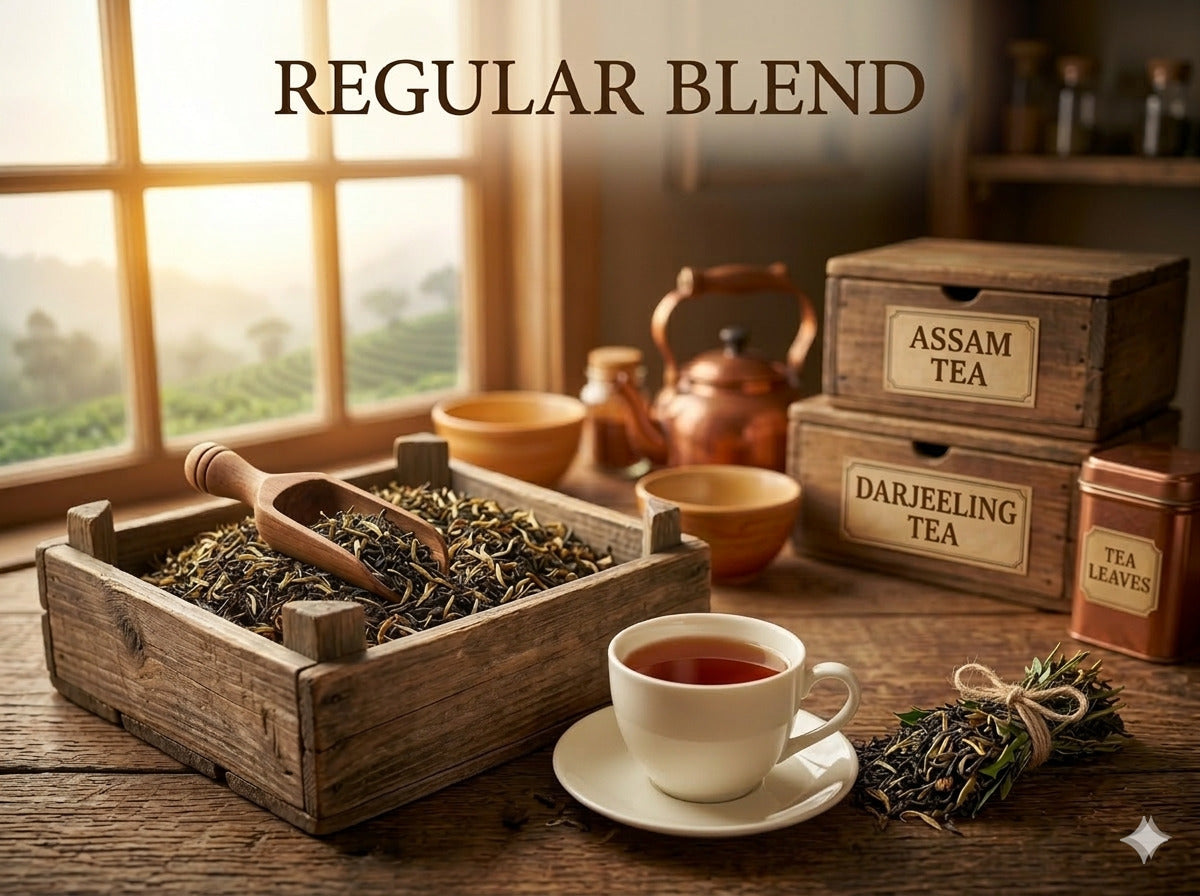 Regular Blend Assam and Darjeeling tea boxes and a cup of tea 