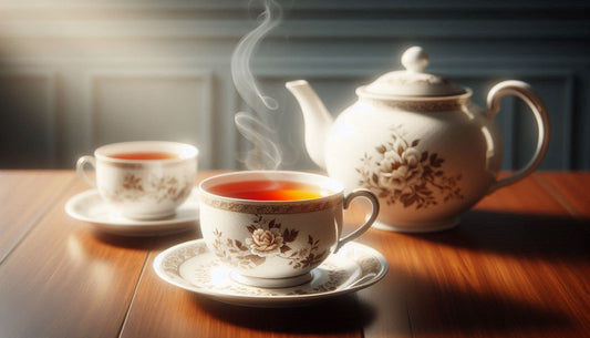 Steaming Assam Tea set with two cups and a teapot on a wooden table