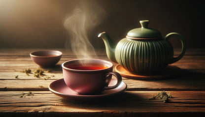 Steaming cup of Darjeeling tea with a green teapot on a wooden table