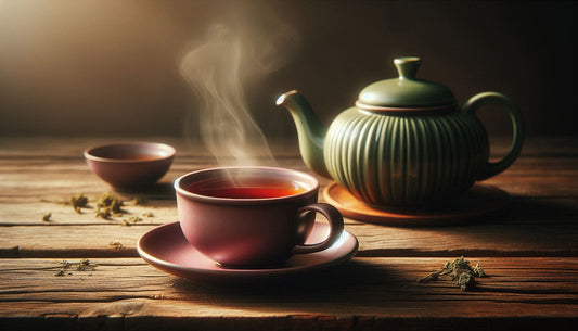 Steaming cup of Darjeeling tea with a green teapot on a wooden table