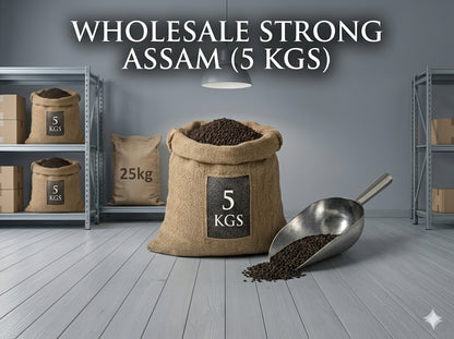 Bag of wholesale strong Assam tea with a scoop on a wooden floor.