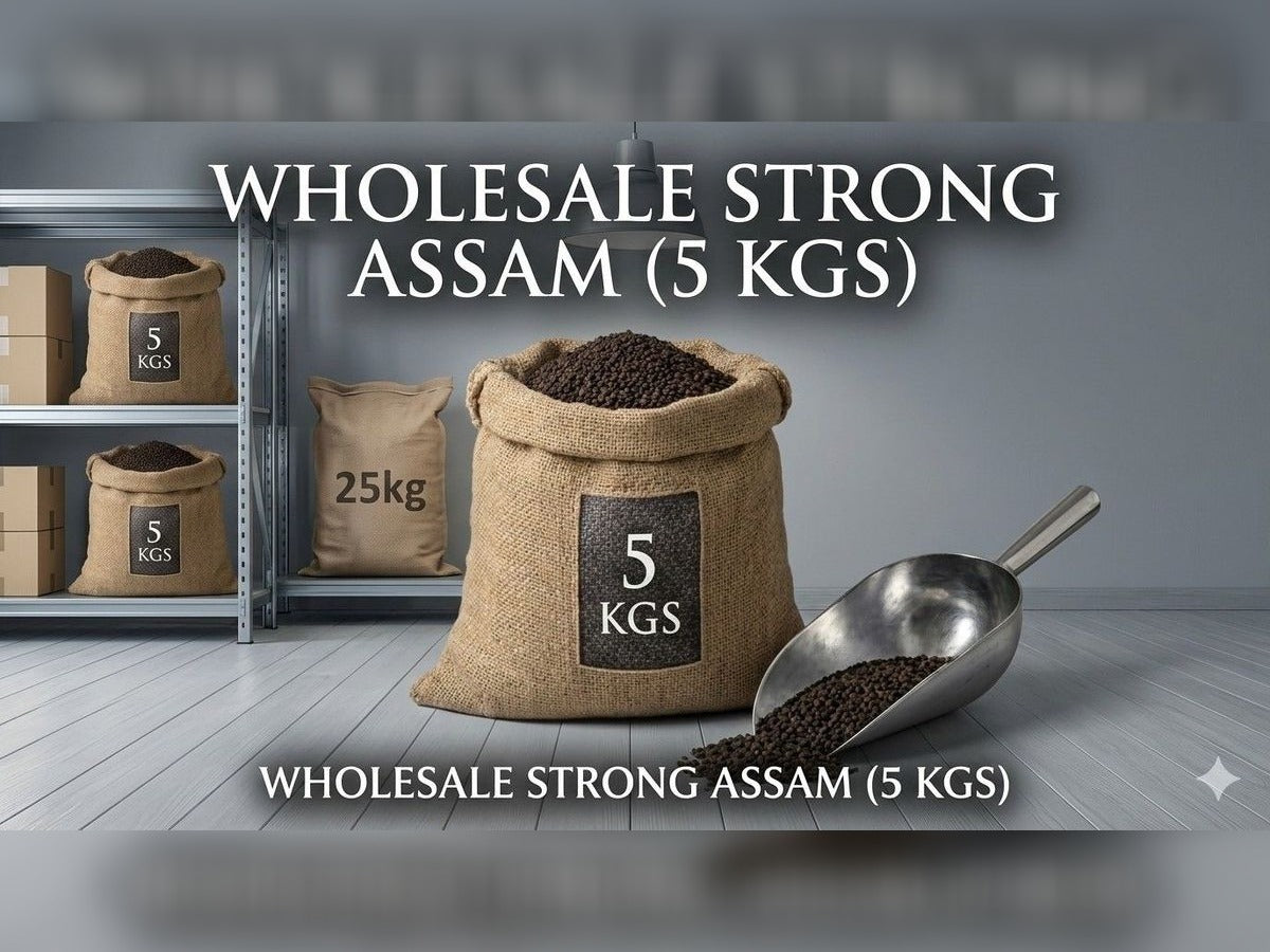 Sack of wholesale strong Assam tea with a scoop on a wooden floor.