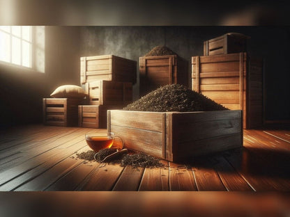 Wooden crates filled with Assam CTC tea leaves in a dimly lit room.